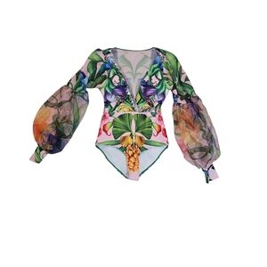Tropical Print Sheer Sleeve Bodysuit